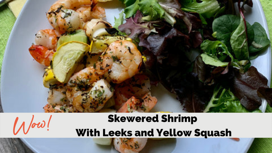 Skewered Shrimp with Leeks and Yellow Squash